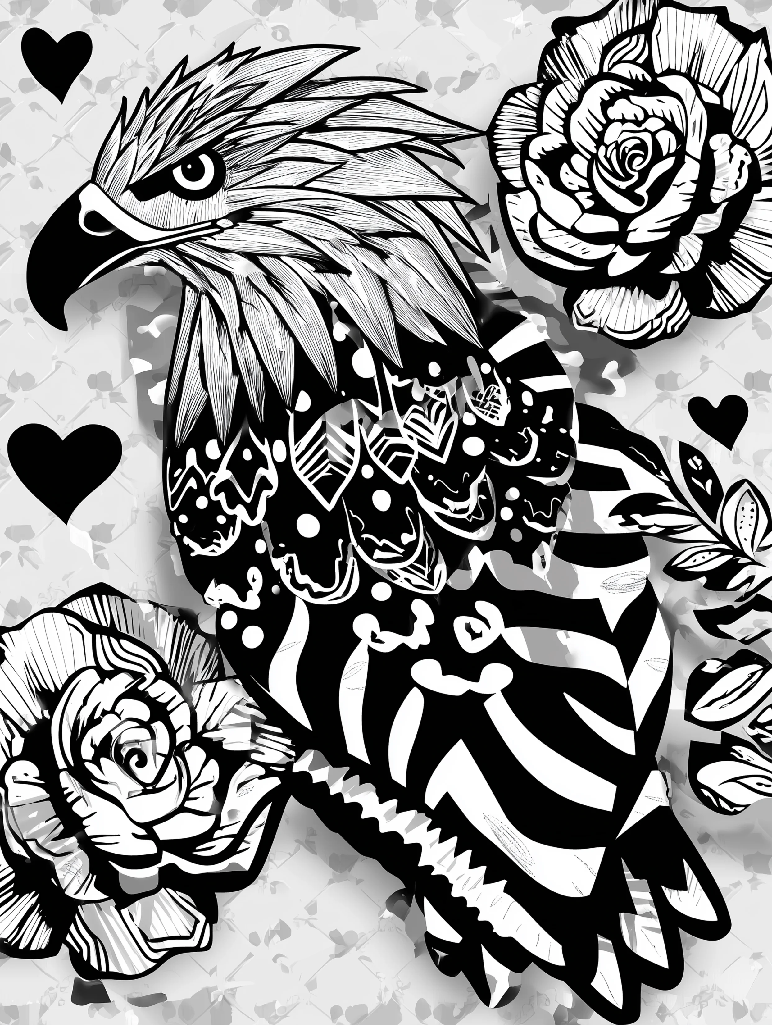 Free printable eagle coloring page for adults featuring an eagle with zebra style patterning